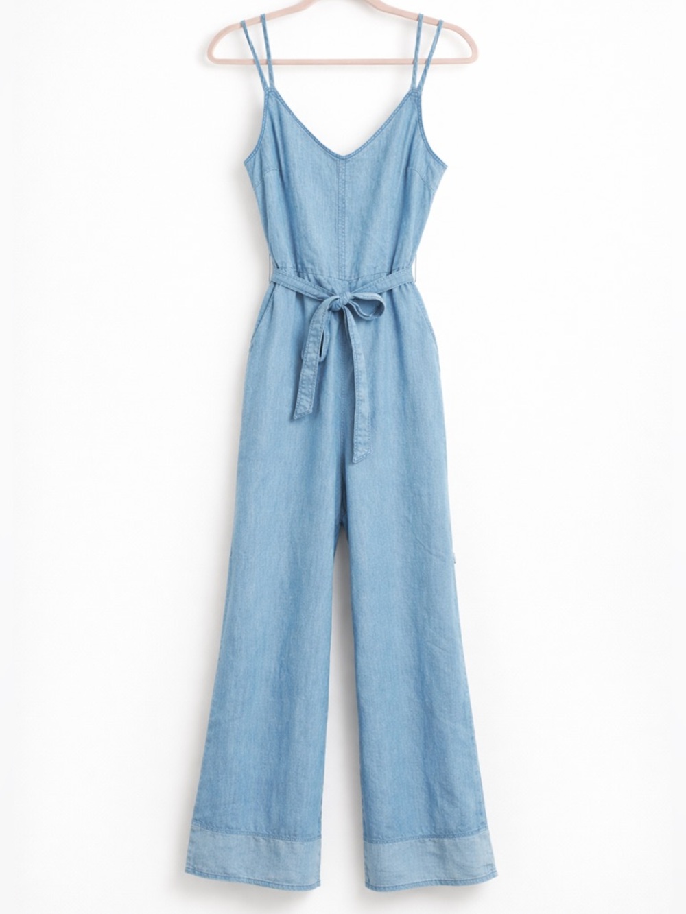 Trina Turk Denim Cloud Wide Leg Jumpsuit- Tie Strap Size 12